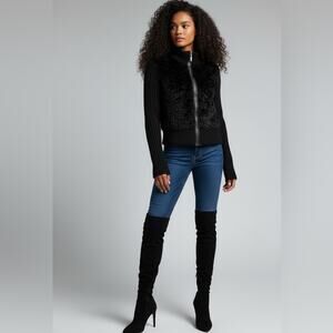 🖤EXPRESS Black Faux Fur Front Sweater Jacket Ribbed Knit Sleeves Zip Up Mock Ne